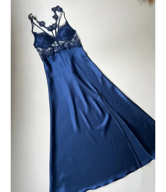 BLUE 6 PCS LONG SLIT SILK NIGHTY SET