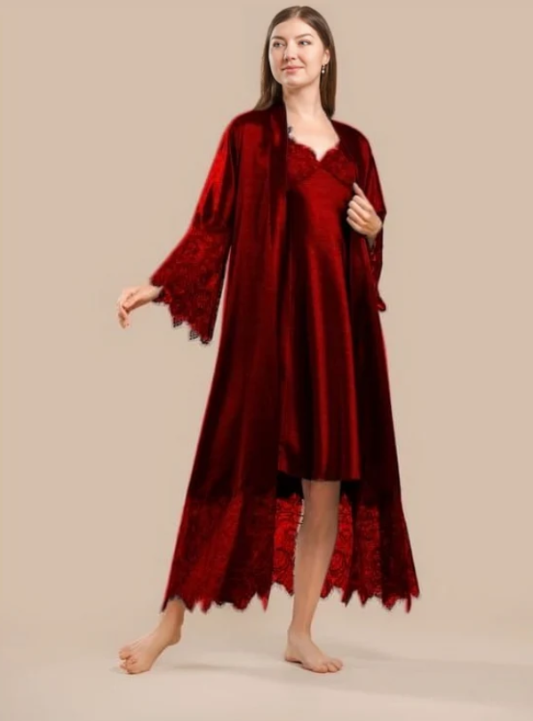 Long Satin & Lace Nightdress & Robe Set - Maroon