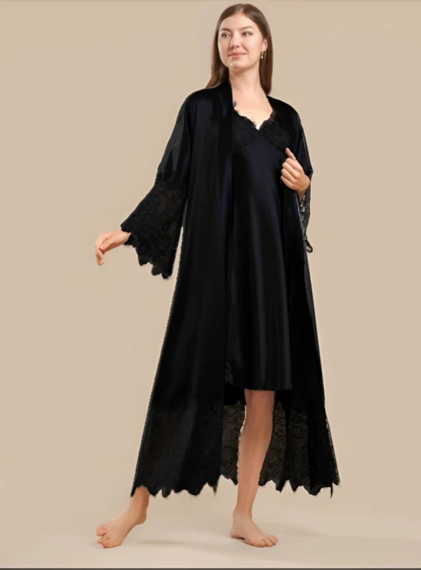 Long Satin & Lace Nightdress & Robe Set - Black