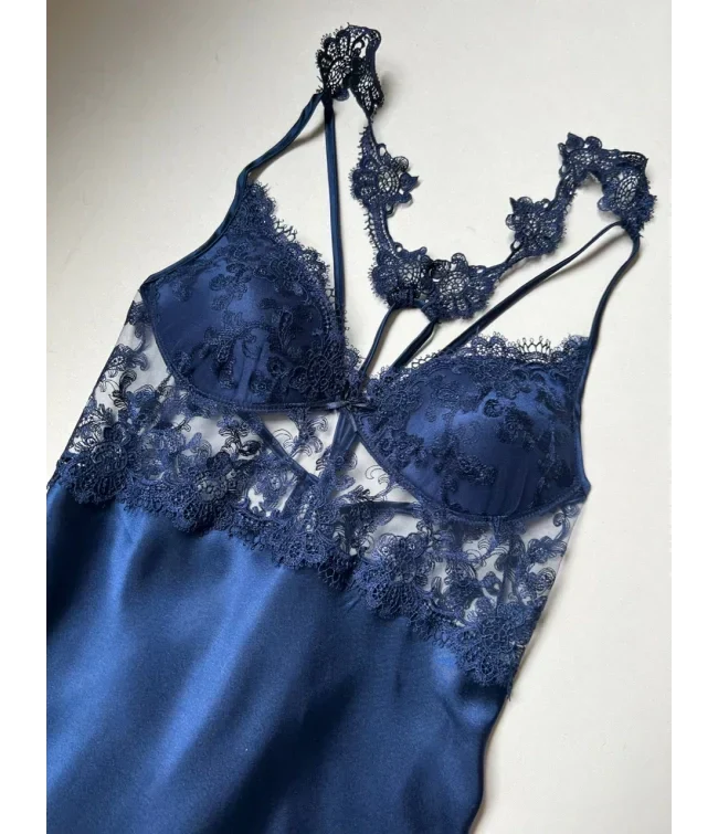 BLUE 6 PCS LONG SLIT SILK NIGHTY SET